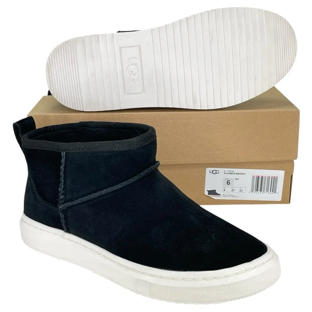 UGG Alameda Black Leather Womens Mini Boots Size 6M - Picture 10 of 11